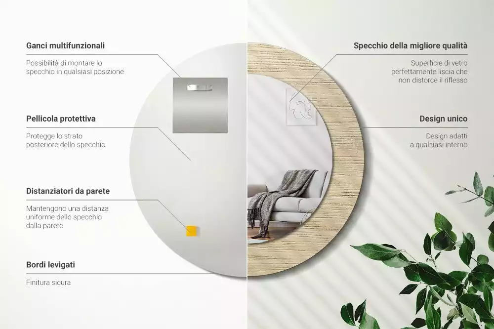 Miroir rond cadre avec impression Bois clair