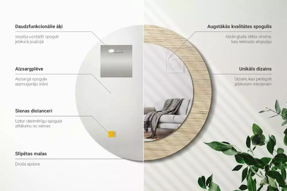 Miroir rond cadre avec impression Bois clair