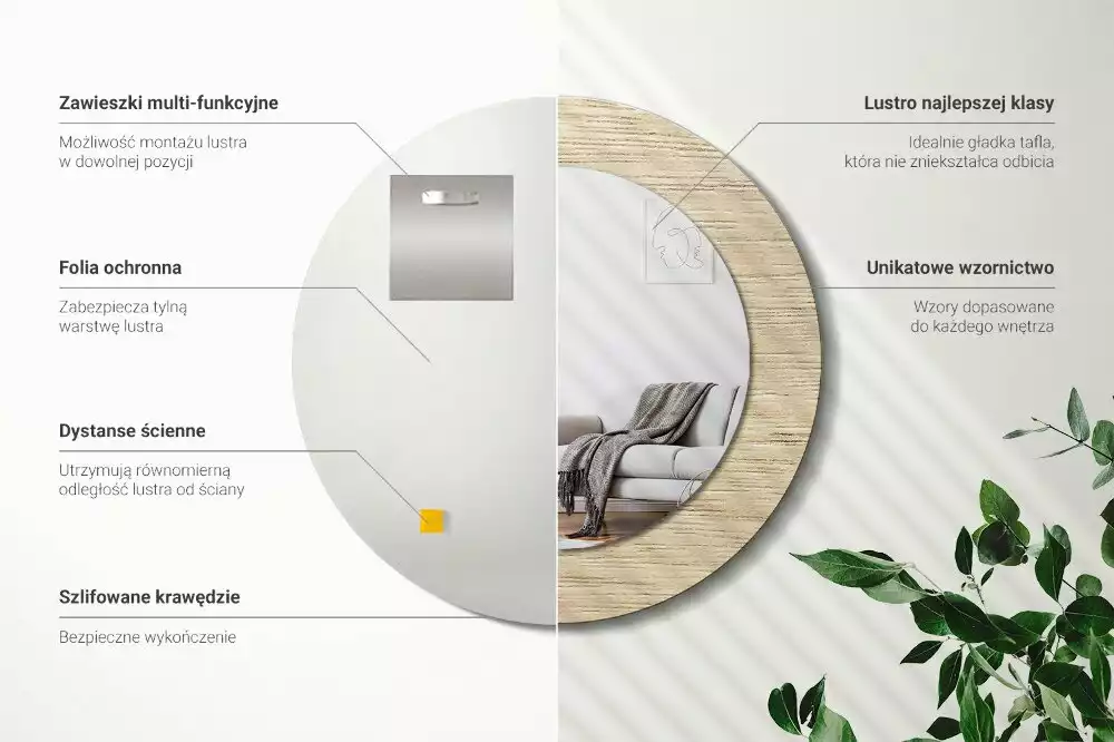 Miroir rond cadre avec impression Bois clair