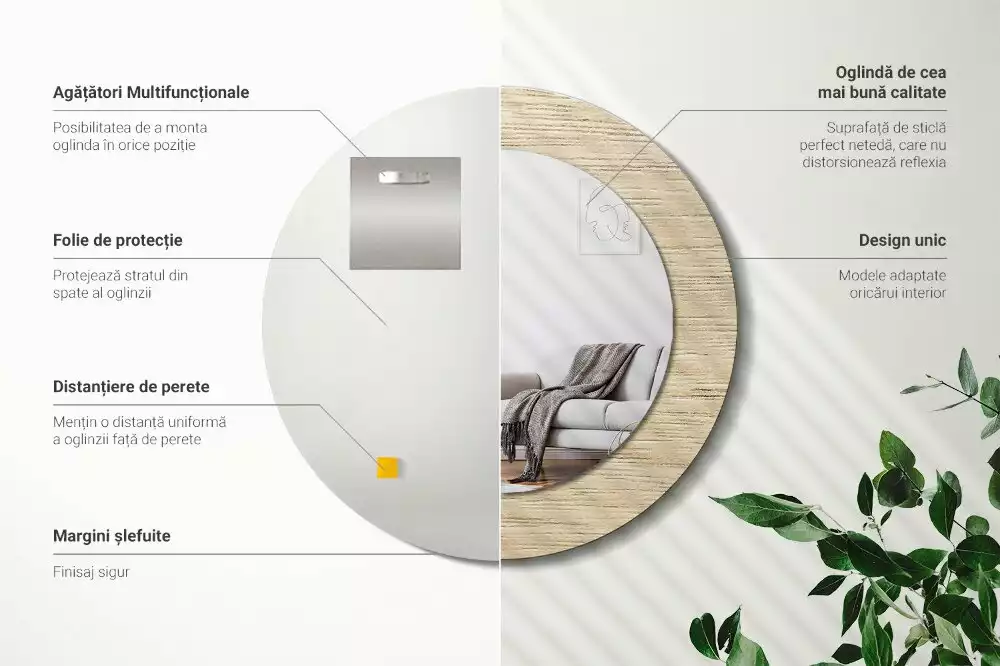 Miroir rond cadre avec impression Bois clair