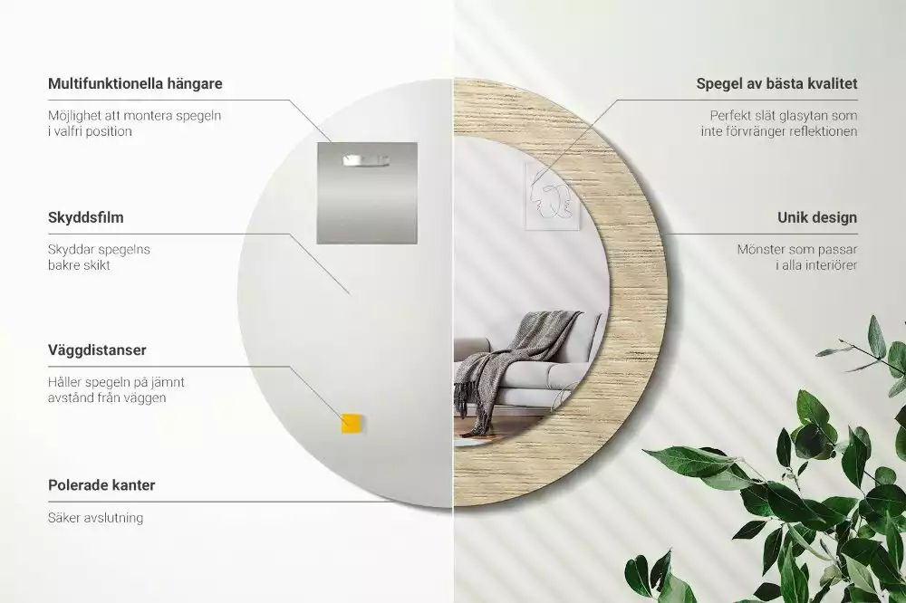 Miroir rond cadre avec impression Bois clair