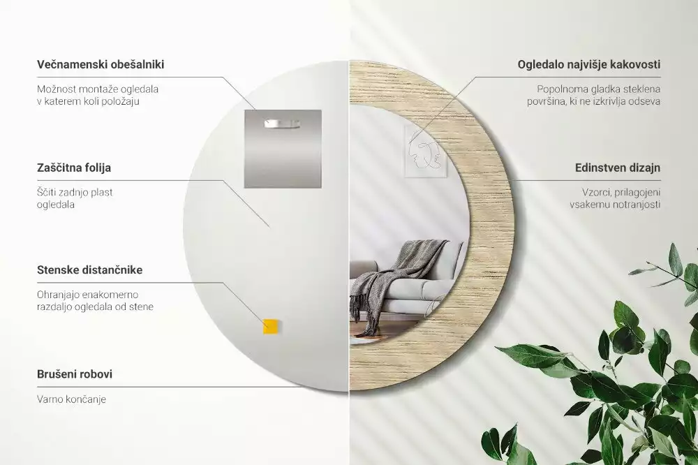 Miroir rond cadre avec impression Bois clair