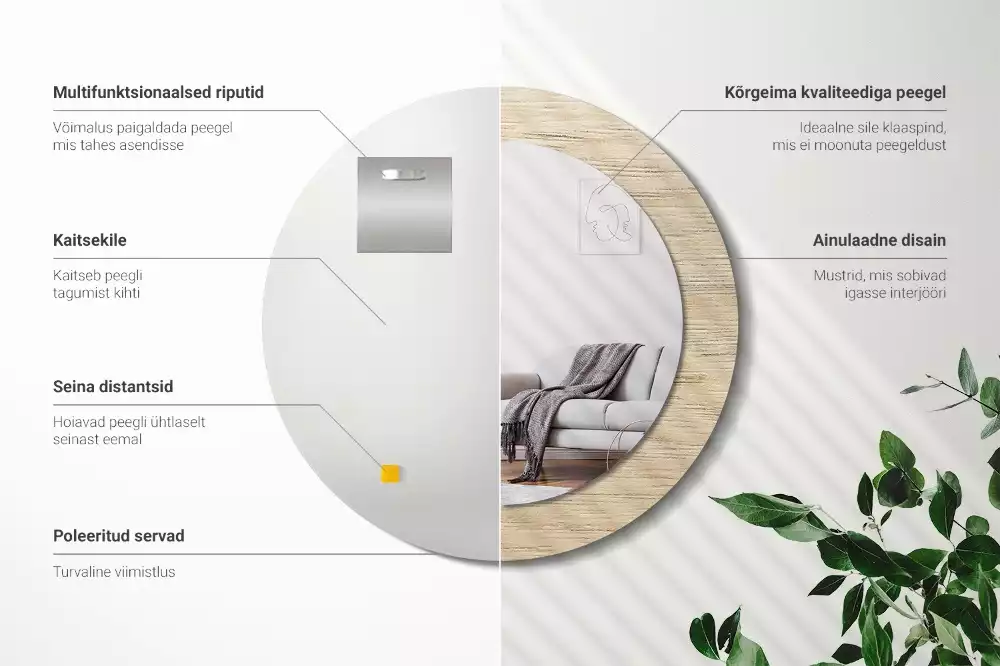 Miroir rond cadre avec impression Bois clair