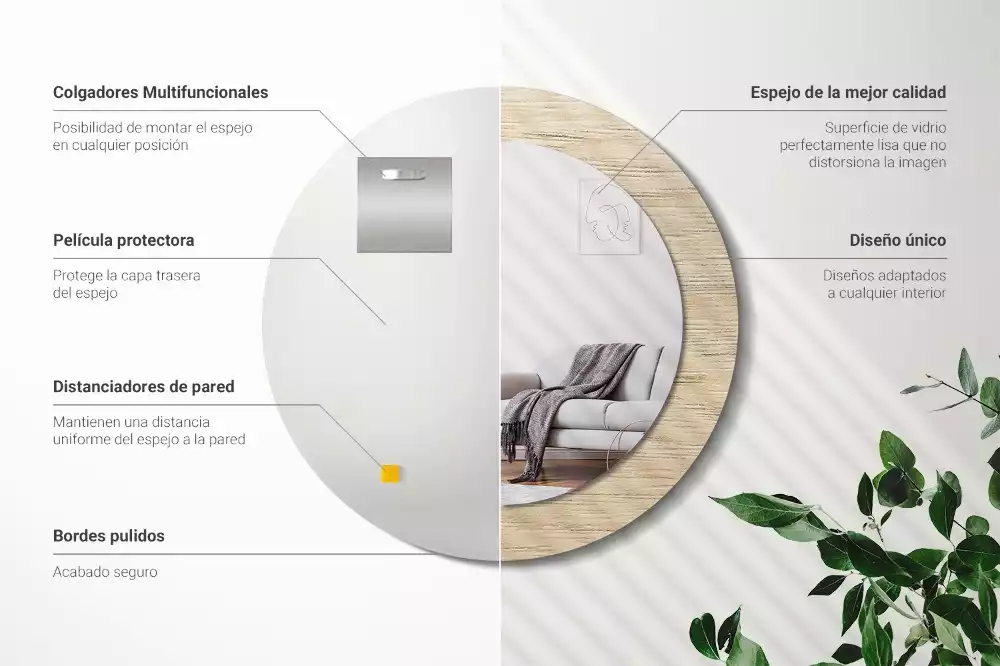 Miroir rond cadre avec impression Bois clair