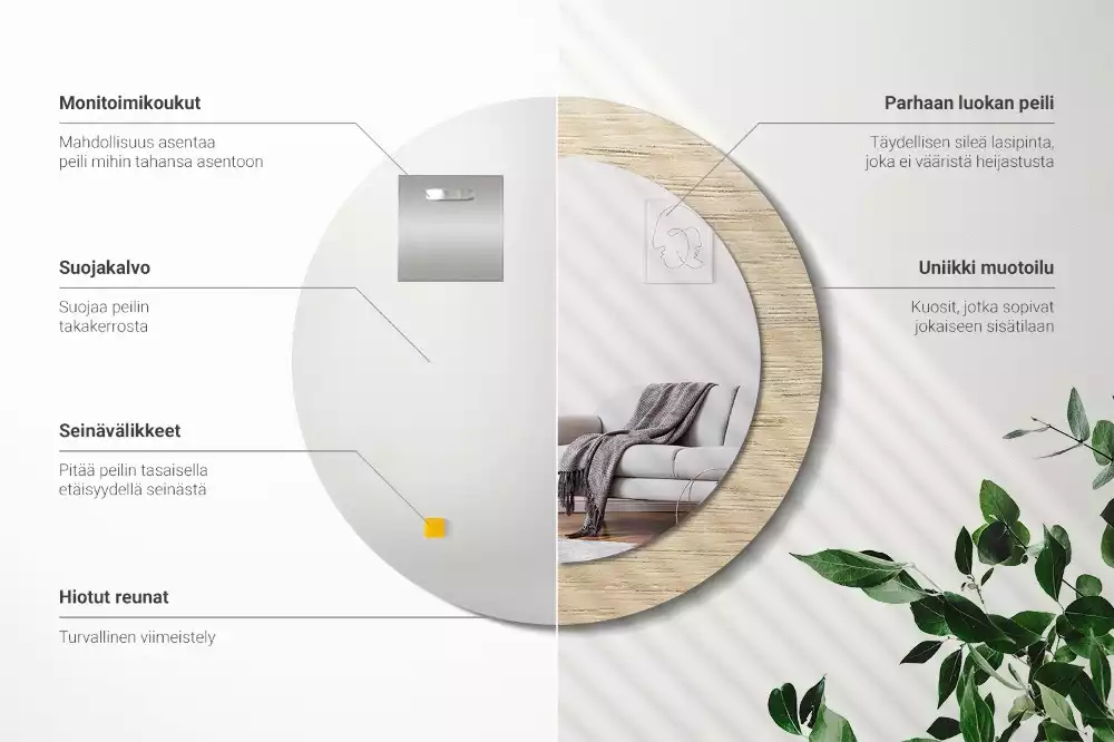 Miroir rond cadre avec impression Bois clair