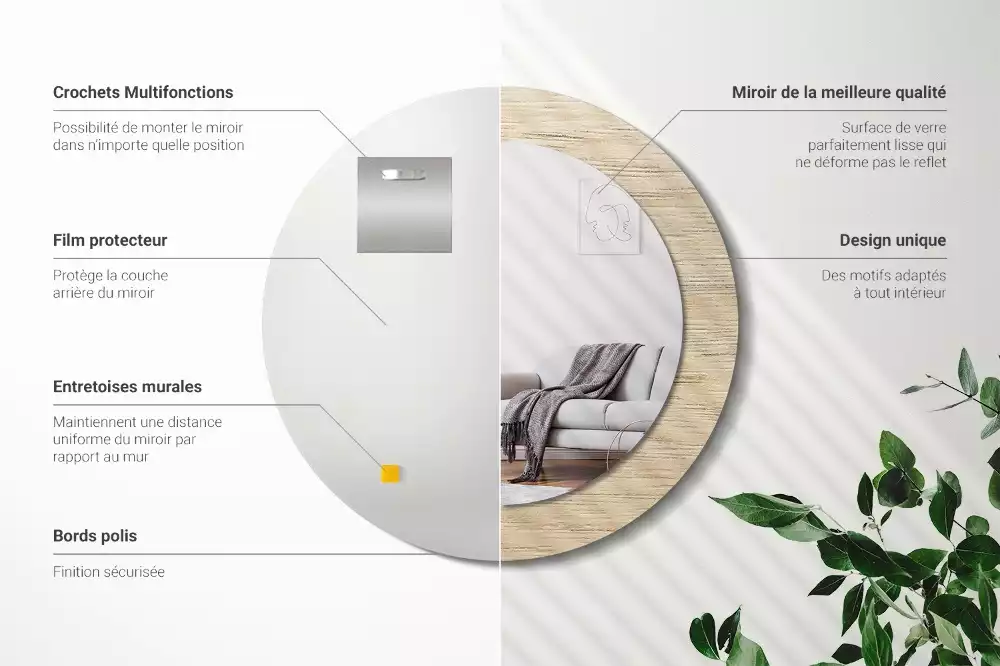 Miroir rond cadre avec impression Bois clair