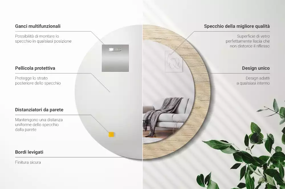 Miroir rond cadre avec impression Bois clair