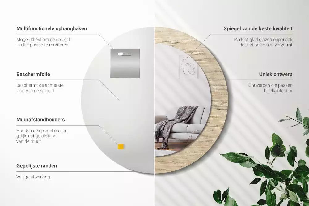 Miroir rond cadre avec impression Bois clair
