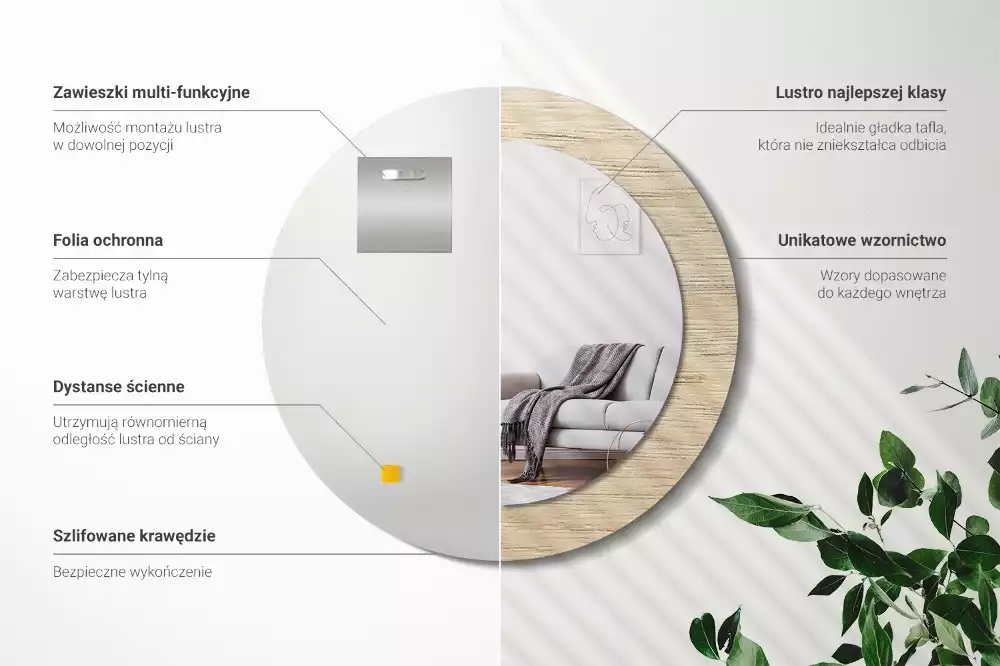 Miroir rond cadre avec impression Bois clair