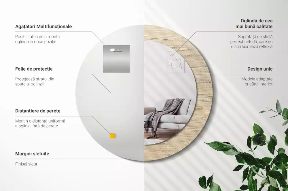 Miroir rond cadre avec impression Bois clair