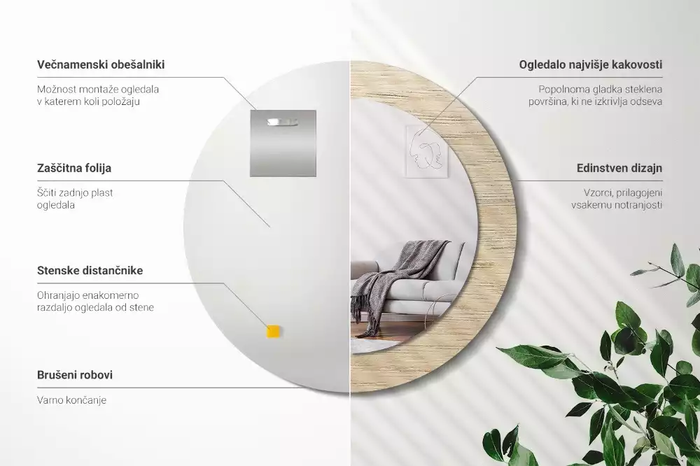 Miroir rond cadre avec impression Bois clair