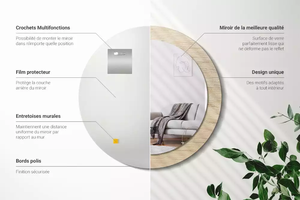 Miroir rond cadre avec impression Bois clair
