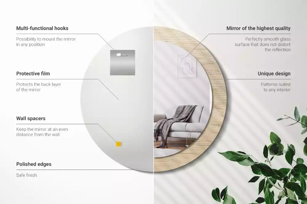 Miroir rond cadre avec impression Bois clair