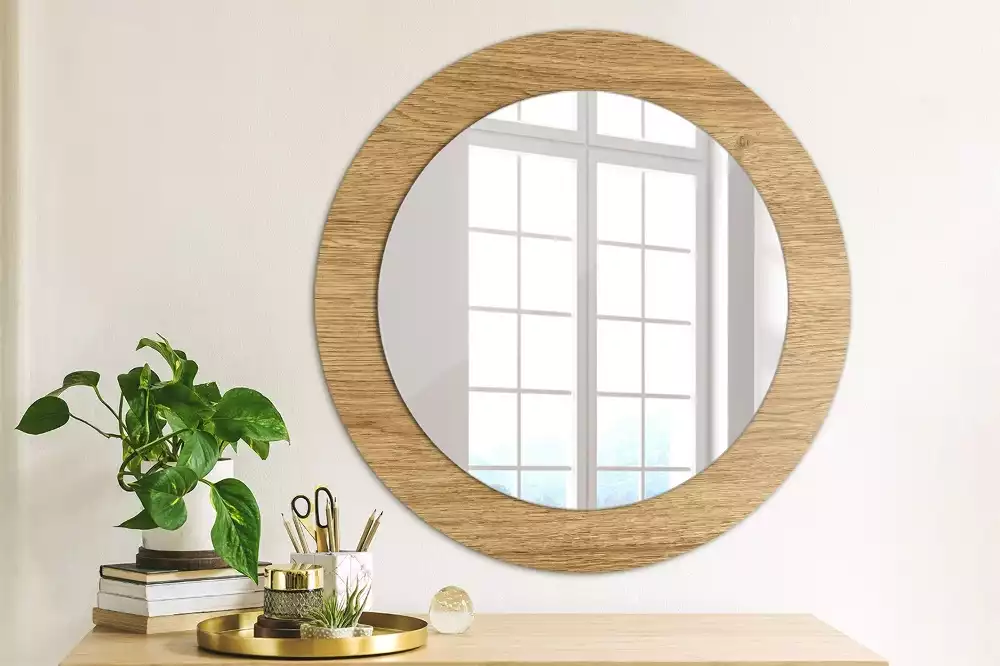 Miroir rond cadre avec impression Texture bois