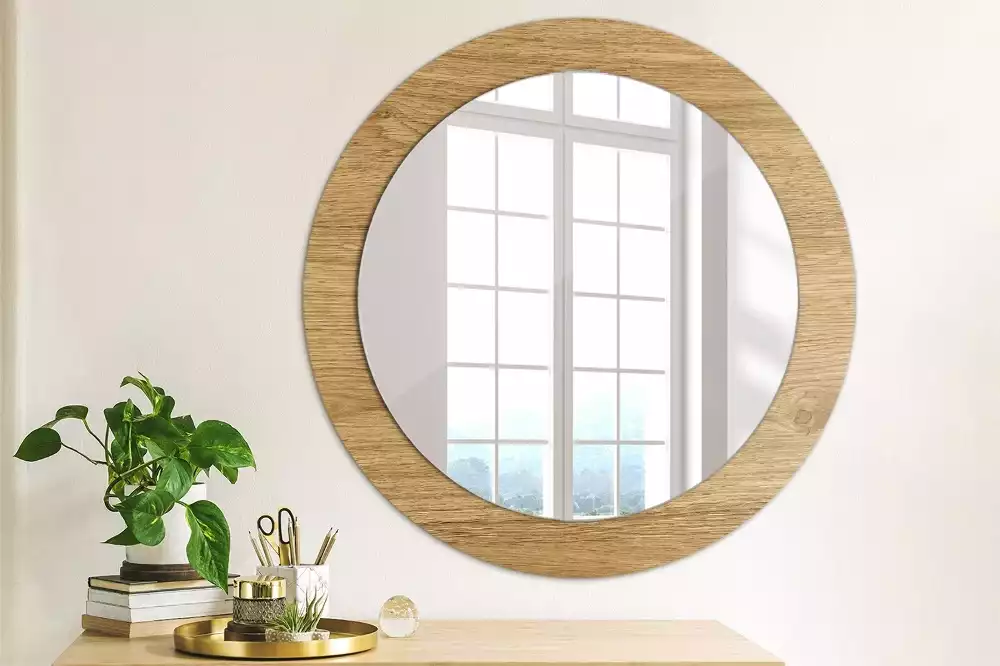 Miroir rond cadre avec impression Texture bois