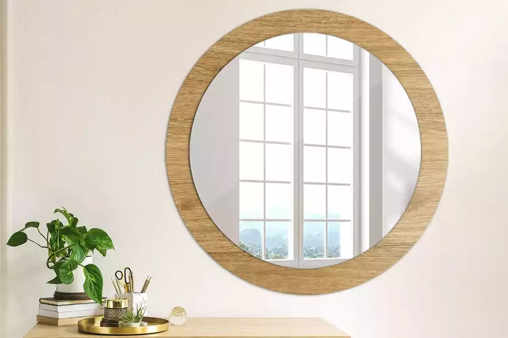 Miroir rond cadre avec impression Texture bois