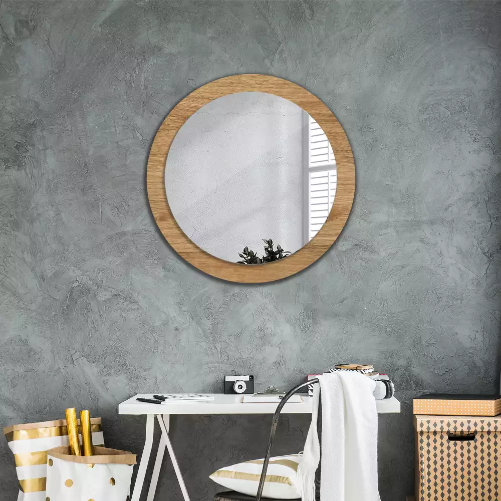 Miroir rond cadre avec impression Texture bois