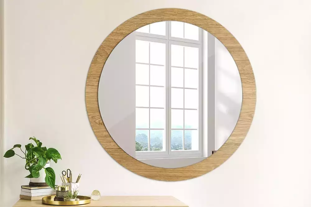 Miroir rond cadre avec impression Texture bois