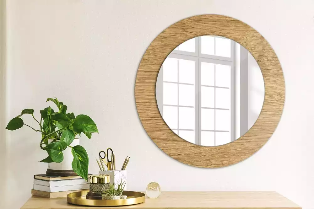 Miroir rond cadre avec impression Texture bois