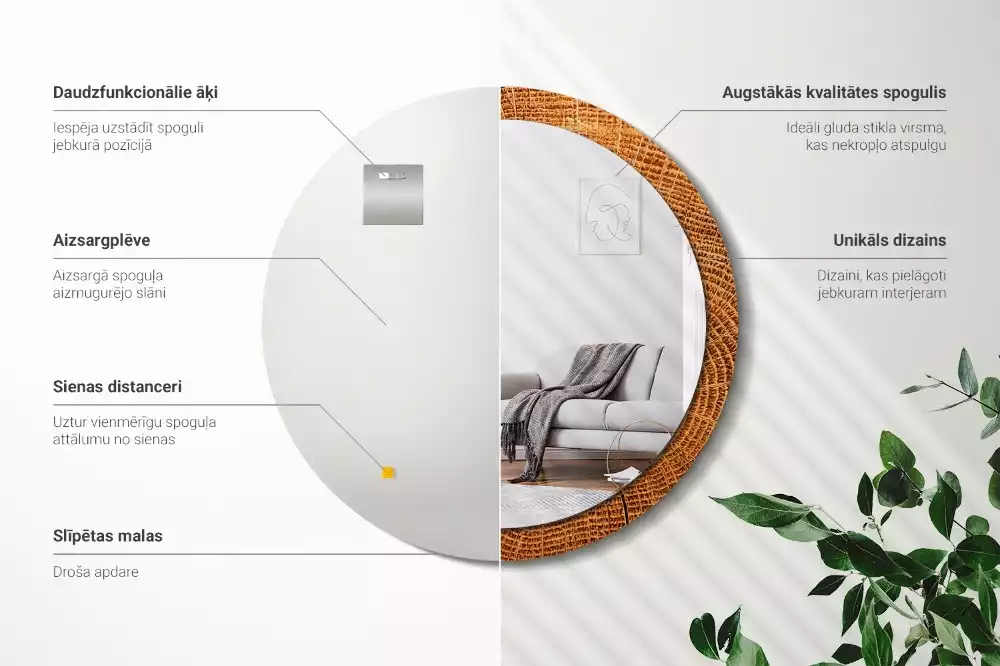 Miroir rond avec décoration Bois de chêne