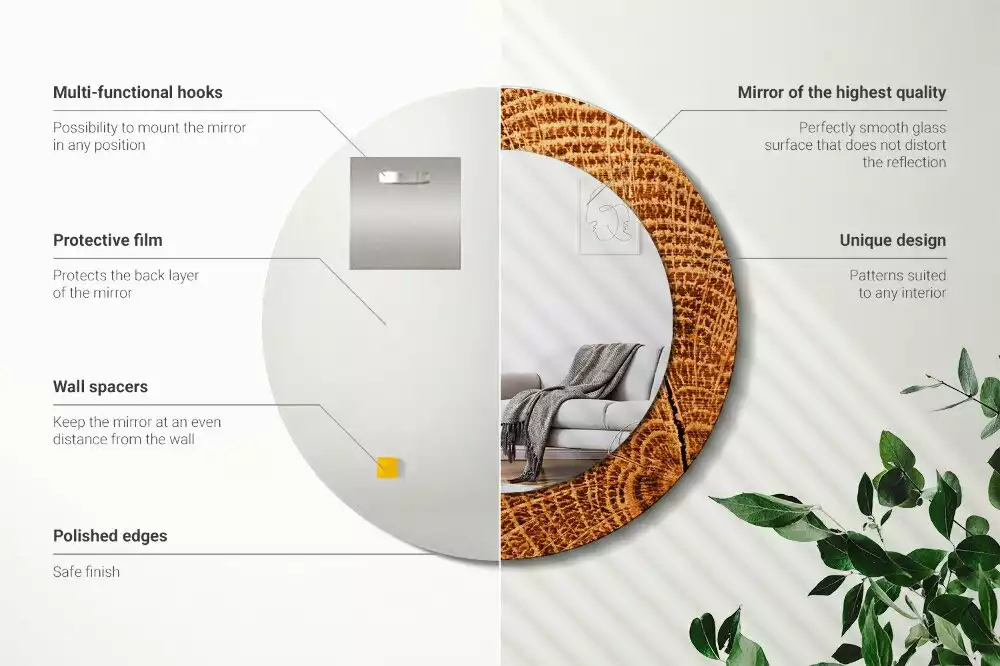 Miroir rond avec décoration Bois de chêne