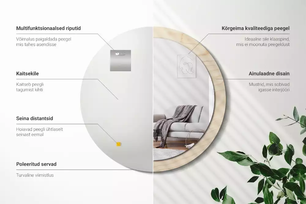 Miroir rond cadre avec impression Bois clair