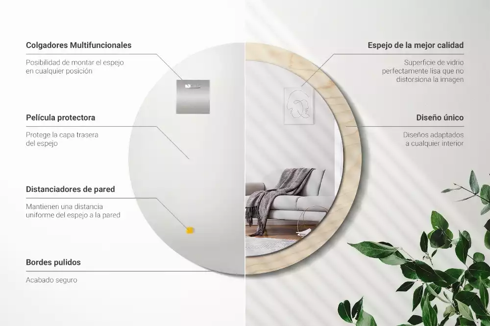 Miroir rond cadre avec impression Bois clair