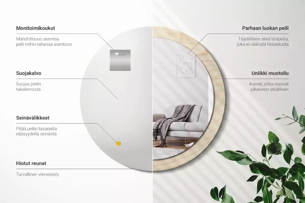 Miroir rond cadre avec impression Bois clair