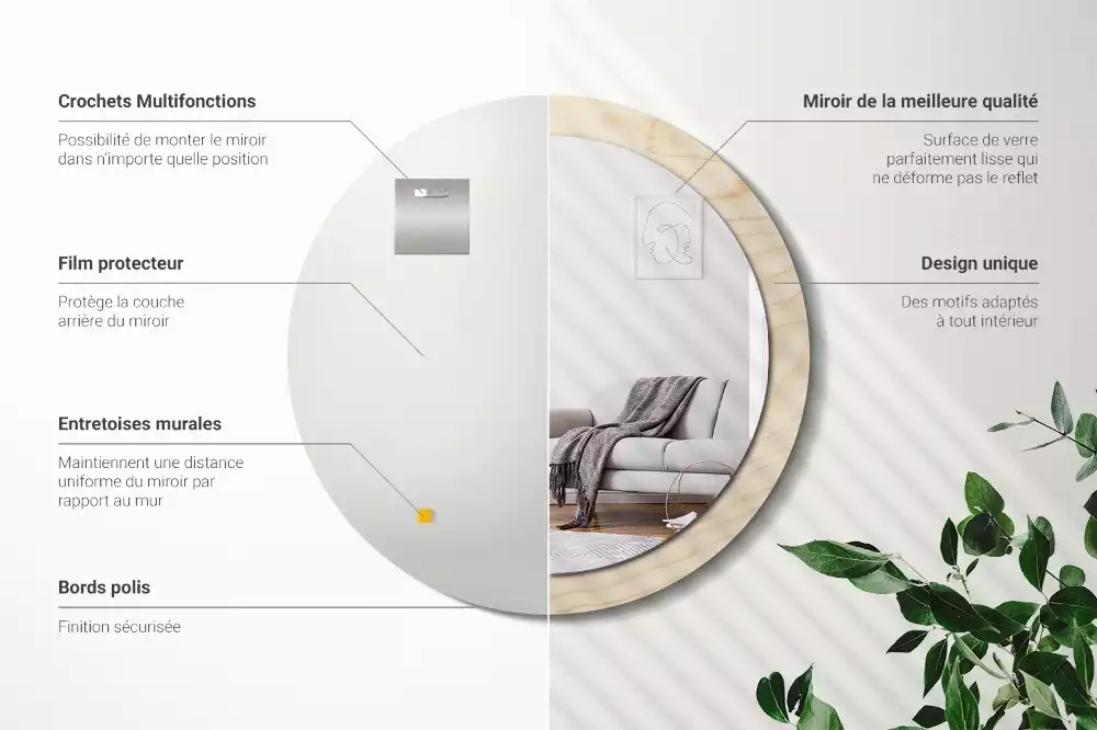 Miroir rond cadre avec impression Bois clair