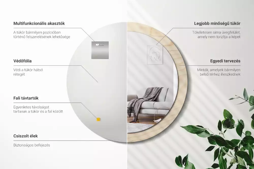 Miroir rond cadre avec impression Bois clair