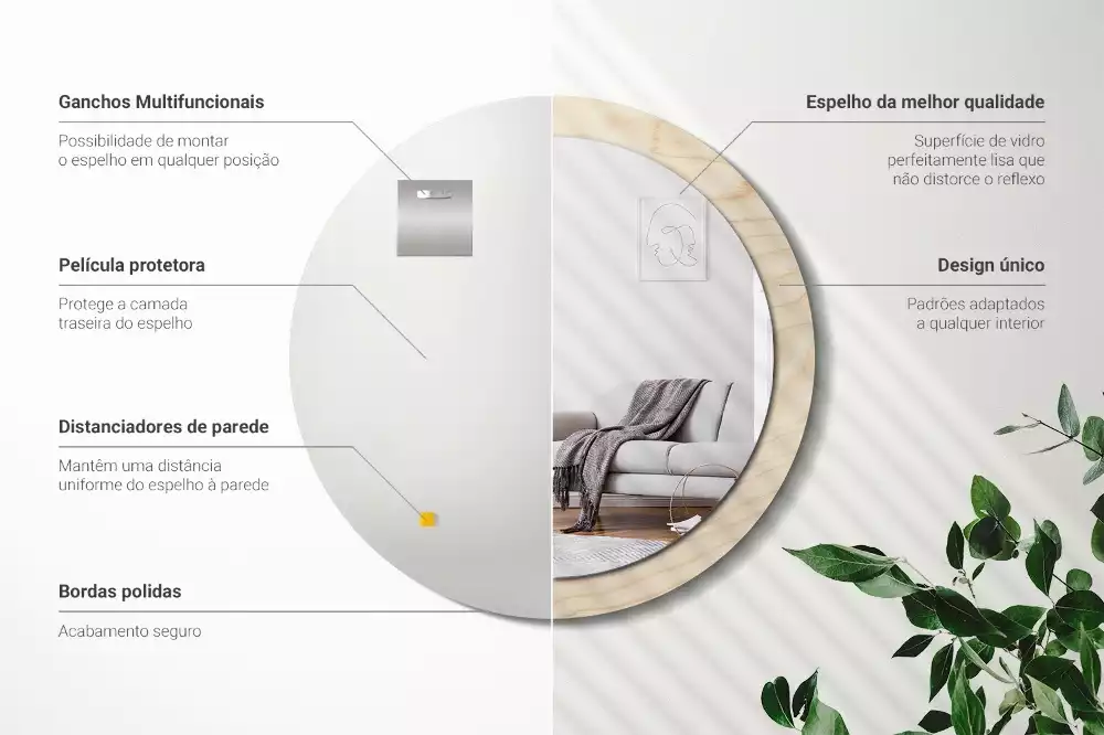 Miroir rond cadre avec impression Bois clair