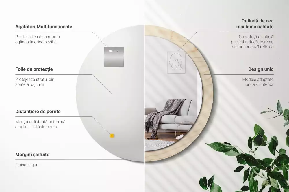 Miroir rond cadre avec impression Bois clair