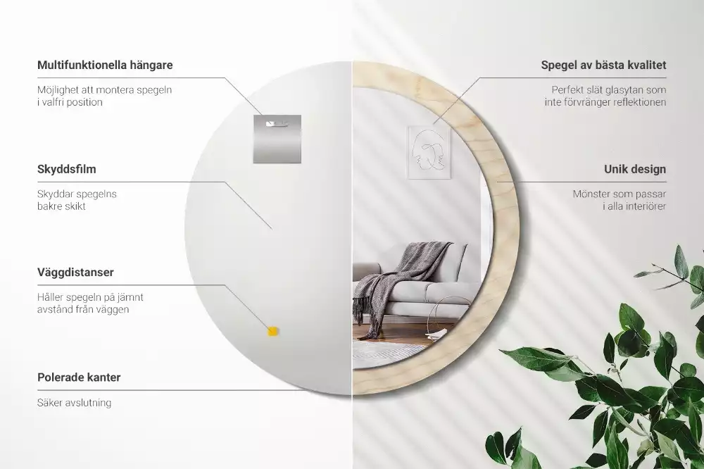 Miroir rond cadre avec impression Bois clair