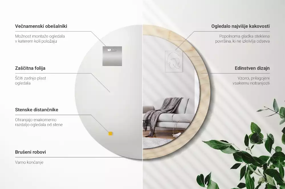 Miroir rond cadre avec impression Bois clair