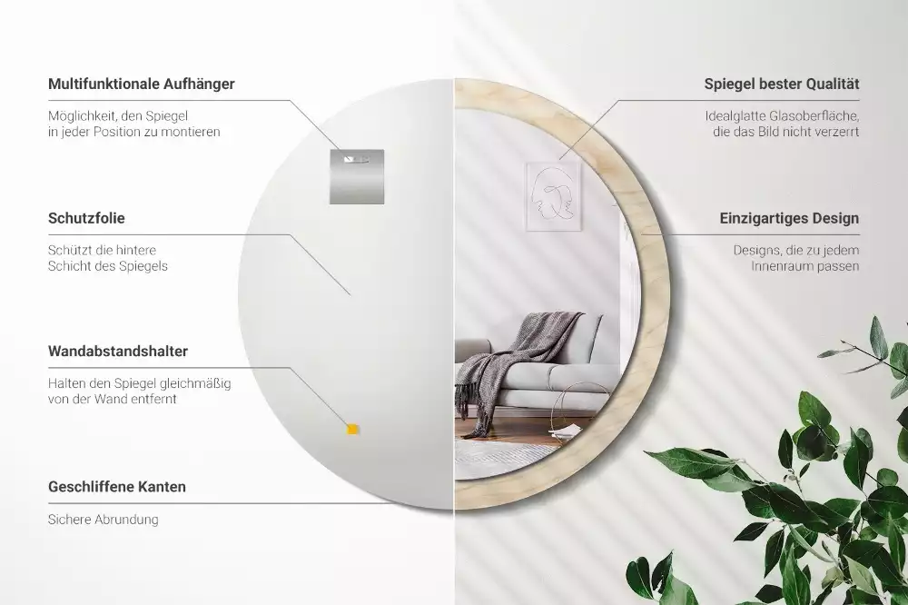 Miroir rond cadre avec impression Bois clair