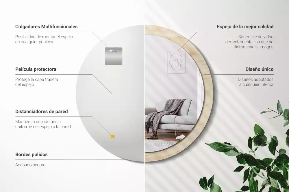 Miroir rond cadre avec impression Bois clair