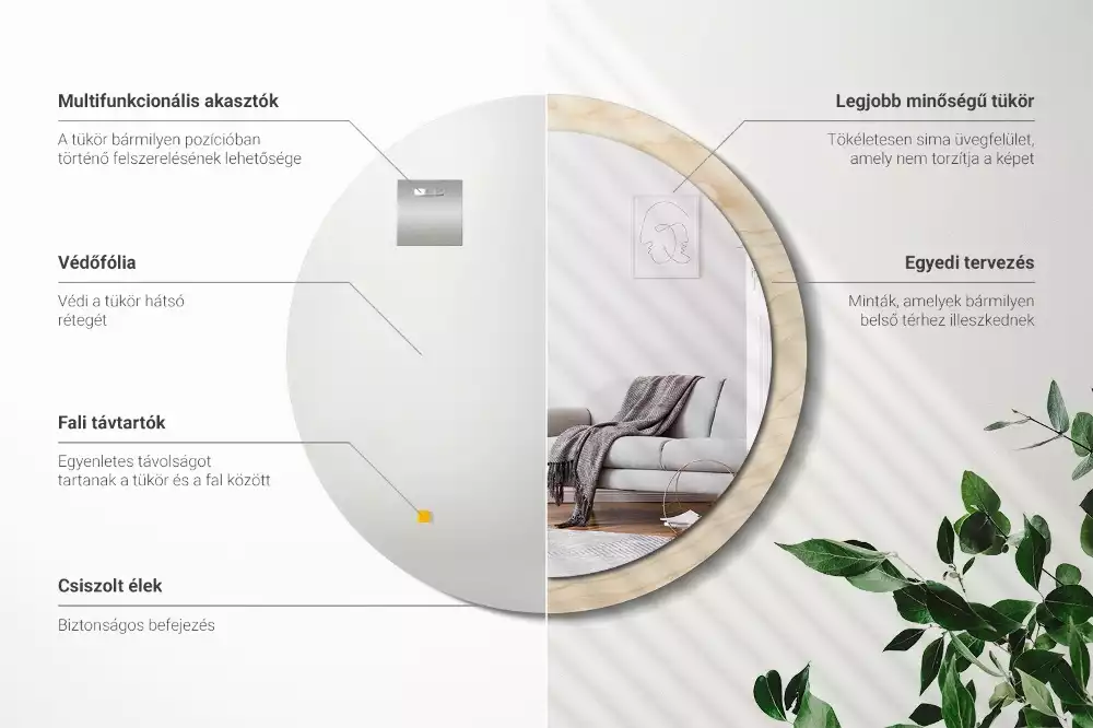 Miroir rond cadre avec impression Bois clair