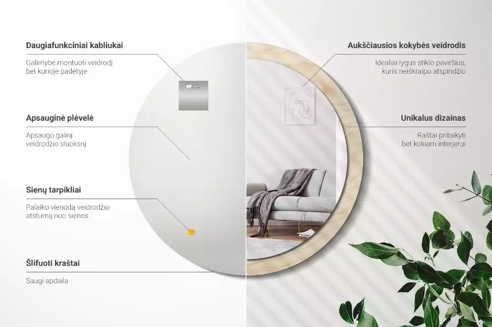 Miroir rond cadre avec impression Bois clair