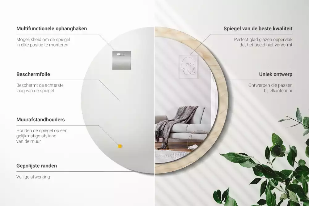 Miroir rond cadre avec impression Bois clair