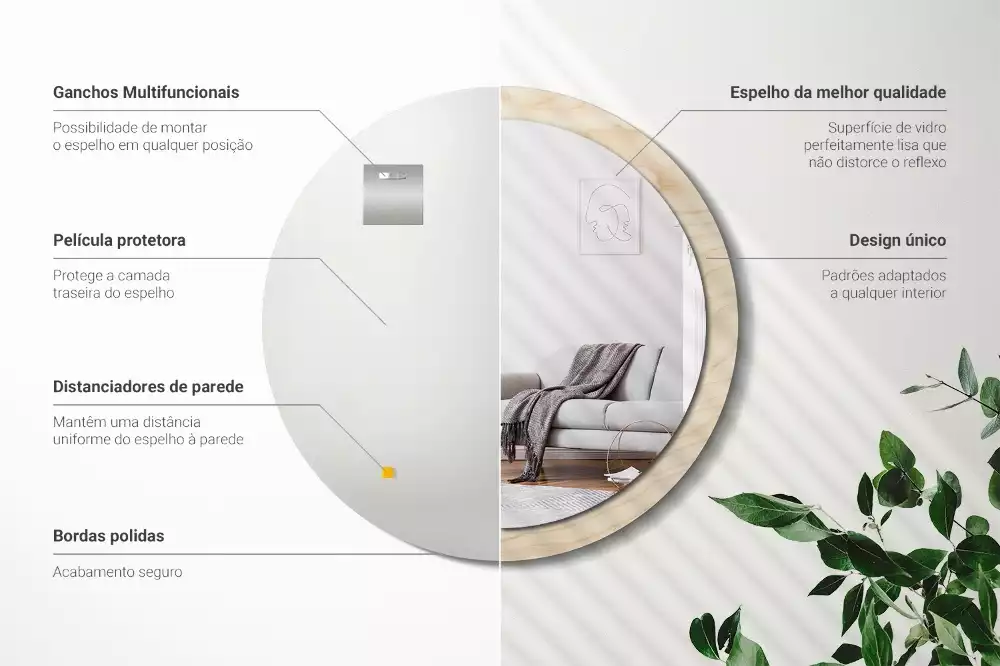 Miroir rond cadre avec impression Bois clair