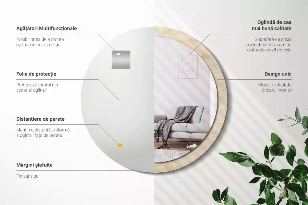 Miroir rond cadre avec impression Bois clair