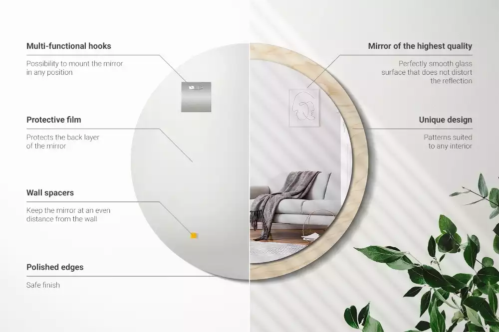 Miroir rond cadre avec impression Bois clair