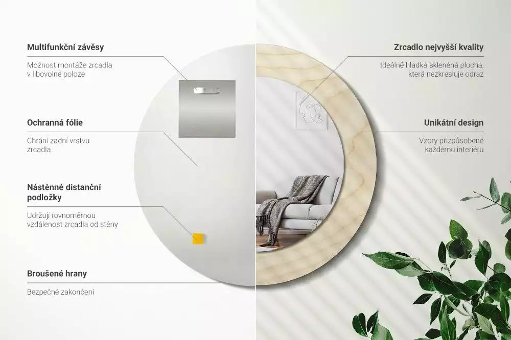 Miroir rond cadre avec impression Bois clair