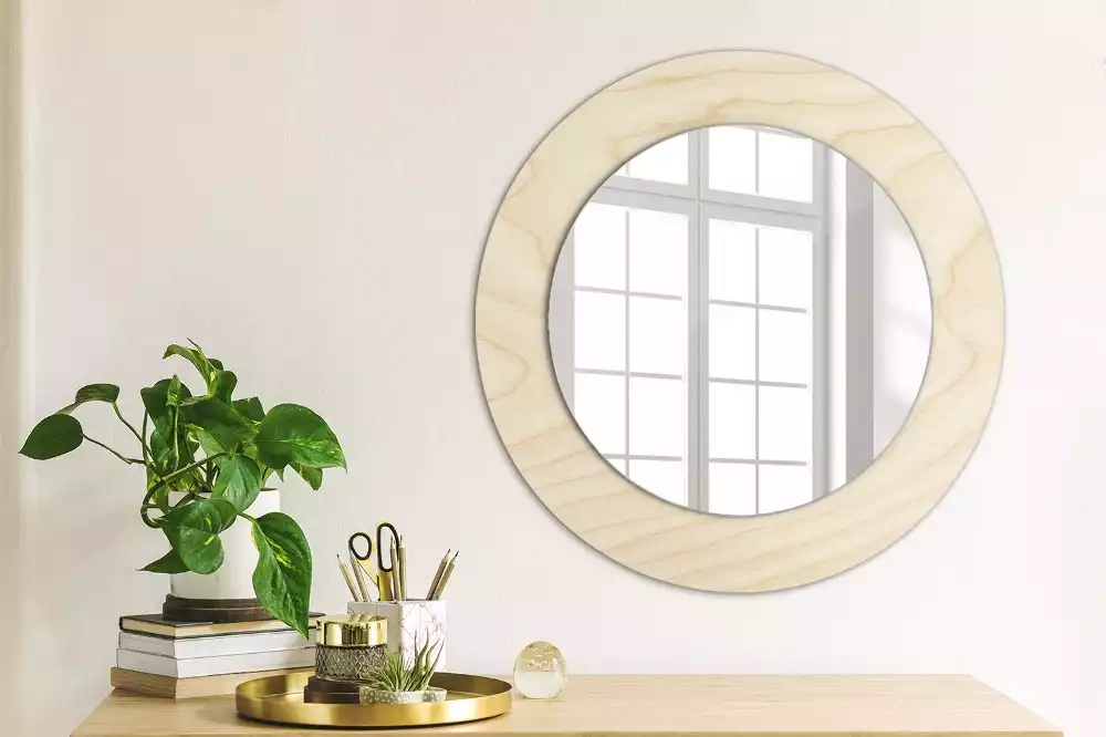 Miroir rond cadre avec impression Bois clair