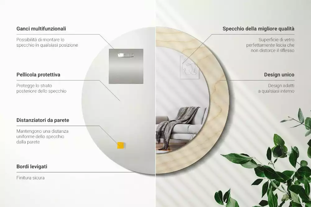 Miroir rond cadre avec impression Bois clair