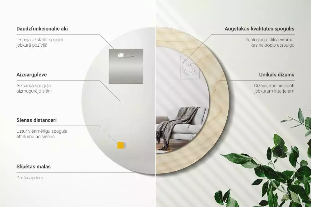 Miroir rond cadre avec impression Bois clair