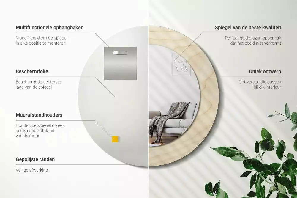 Miroir rond cadre avec impression Bois clair