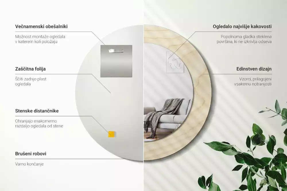 Miroir rond cadre avec impression Bois clair