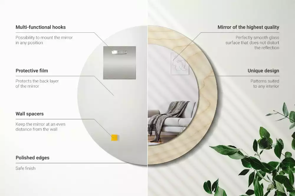 Miroir rond cadre avec impression Bois clair