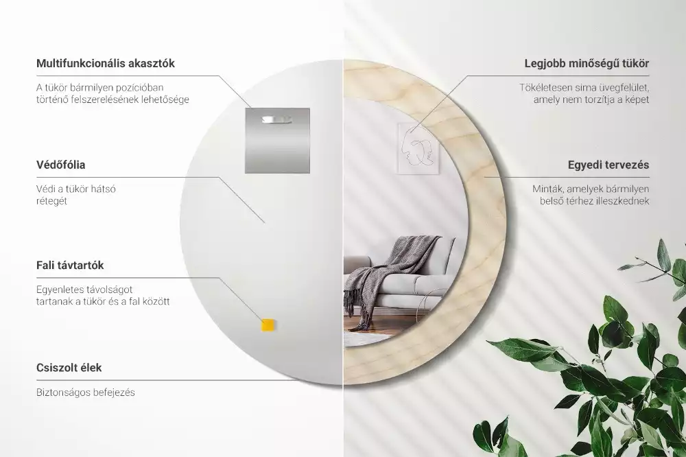 Miroir rond cadre avec impression Bois clair